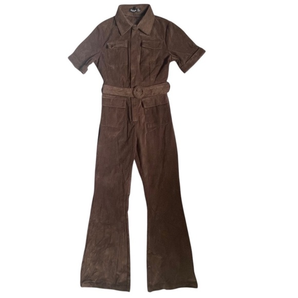 Nasty Gal Jumpsuit Womens 6 Brown Corduroy Flared Flare Belted Short Sleeves NWT - Picture 1 of 14